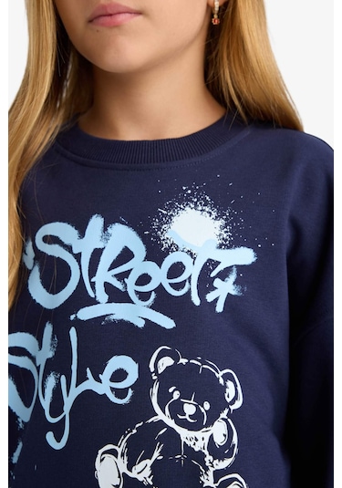 Defacto Kız Çocuk Oversize Geniş Kalıp Bisiklet Yaka Baskılı Sweatshirt E6755a825aunv241 Lacivert