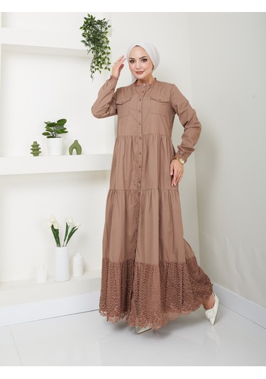 Dantelli Doğal Kumaşlı Boydan Düğmeli Kot Elbise Vizon