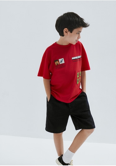 Mavi - Minecraft Baskılı Kırmızı Tişört 6610478-70478