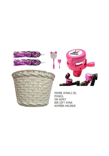 Bisiklet Çocuk Sepet - Aynalı Zil - Püskül - Ayna Dekoratif Set Pembe