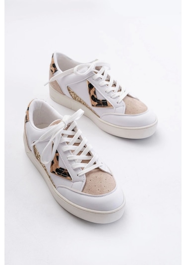 Sv-01 Beyaz Leopar Desenli Bağcıklı Kadın Spor Ayakkabı Beyaz