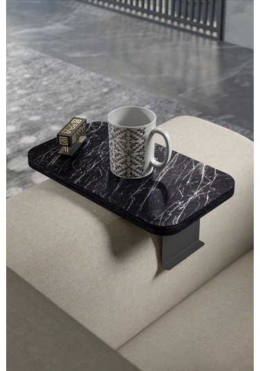Yan Sehpa Ayarlanabilir Tepsi Dikdörtgen Dekoratif Modern Yatay Dikey Koltuk Sehpası Bendir Siyah Mermer Desen