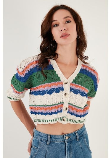 Lela Renkli V Yaka Ajurlu Crop Bayan Hırka 6071583 Ekru-Yeşil