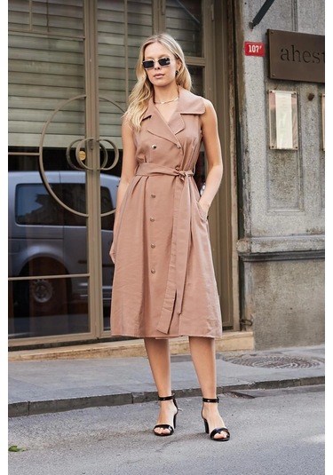 Kadın İpeksi Modal Likrasız Kumaş Anvelop Kruvaze Yakalı Cepli Bağcıklı Midi Boy Diz Altı Elbise-fındık Kabuğu Fındık Kabuğu