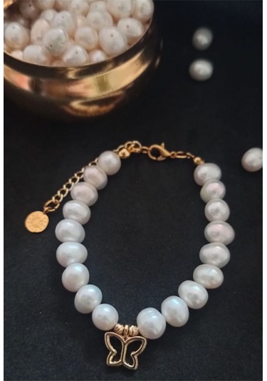 24k Altın Kaplama Gerçek İnci Kelebek Detaylı Trend Bileklik Beya Gold