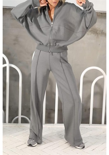 Neşeli Butik Kadın Penye 3 İplik Şardonlu Kumaş Eşofman Takımı Gts022 - Antrasit Antrasit