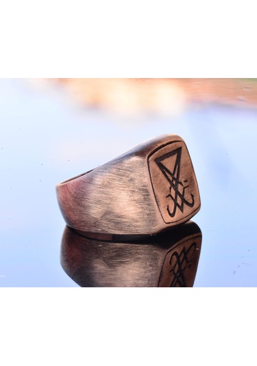 El Yapımı 925 Ayar Gümüş Erkek Yüzük Lucifer Amblemi İle Gümüş