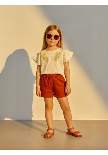 Kız Çocuk Etnik Desenli Nakışlı Tasarım T-shirt-15980 Krem