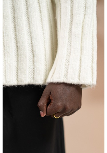 Oversize Kendinden Çizgili Pamuklu Kalın Triko Spor Kazak Beyaz