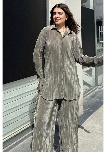 Kadın Haki Uzun Tunik Gömlek & Beli Lastikli, Bol Paça Pantolon - Salaş Bürümcük Takım Haki