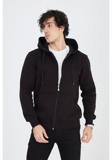 Erkek Kapüşonlu Düz Fermuarlı Hırka - Siyah Siyah