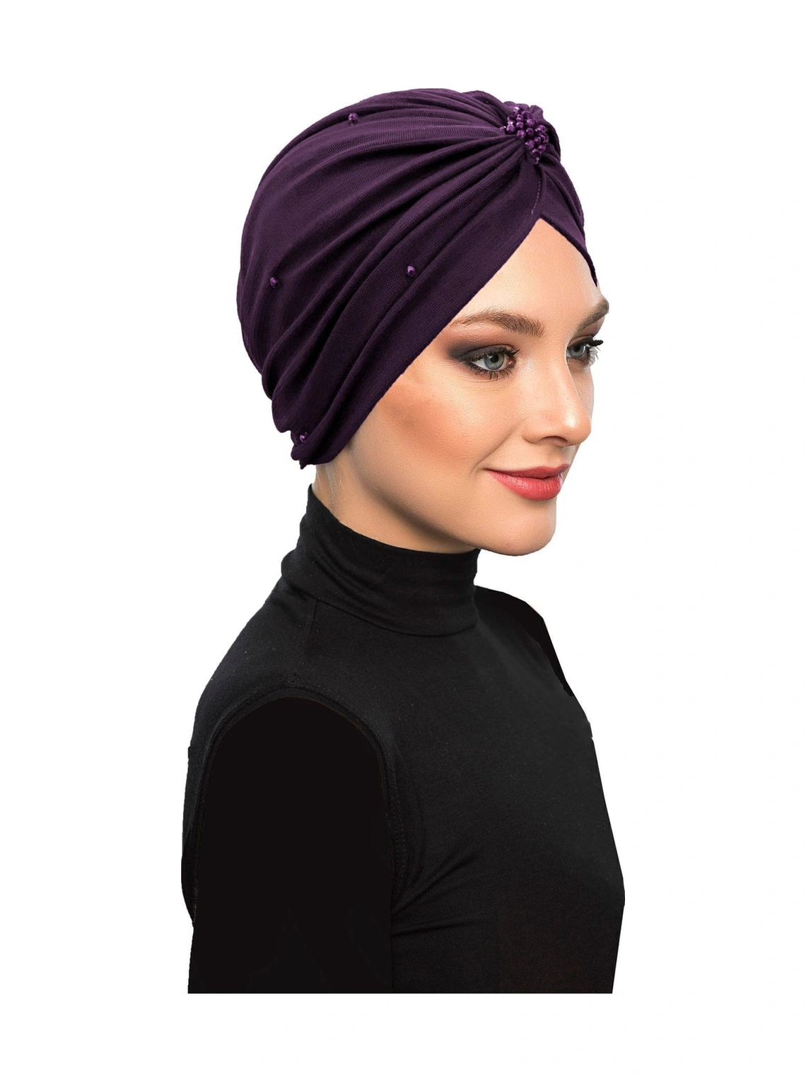 Kristal Tüllü Astarlı Mor Hazır Türban Tesettür Abiye Bone Mor