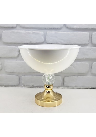 Modern Dekoratif Gold Ayaklı Kristal Taşlı Beyaz Büyük Salon Vazo Beyaz - Gold