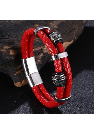 Viking Tarzı İskandinav Runeleri Muska Çift Katmanlı Paslanmaz Çelik Erkek Deri Bileklik İskandinav Mitolojisi Takıları Bb1355 Kırmızı