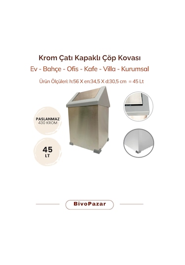 Krom Sallanır Çatı Kapaklı Çöp Kovası 45 Lt