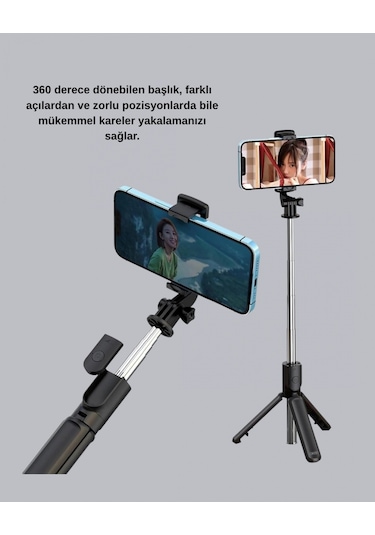 Bluetooth Selfie Çubuğu 360 Dönebilen Başlık, Kablosuz Bağlantı Çok Renkli