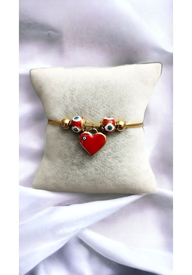 Bayan Çelik Kalp Nazar Boncuklu Gold Renk Kararmaz Mıknatıslı Kadın Bileklik Çelik