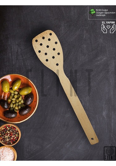 Gürgen Ağacı El Yapımı Tahta Ahşap Süzgeç Servis Spatula 32cm