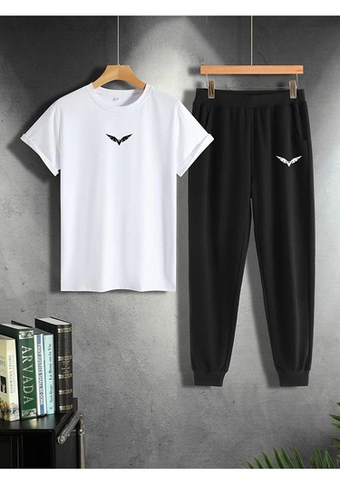 Kanat Beyaz T-shirt Siyah Eşofman Altı Jogger - Baskılı Alt Üst Takım Oversize Bisiklet Yaka Beyaz Siyah