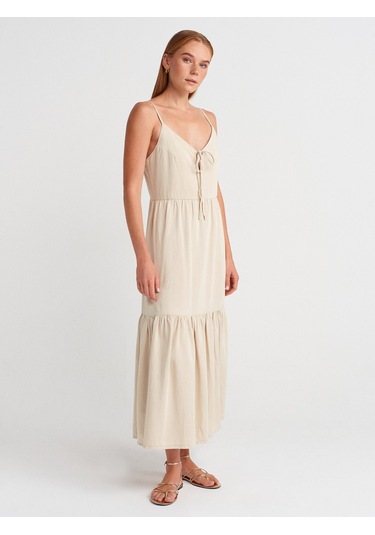 Dilvin 90575 Uzun Dekolte Denim Elbise-taş Taş