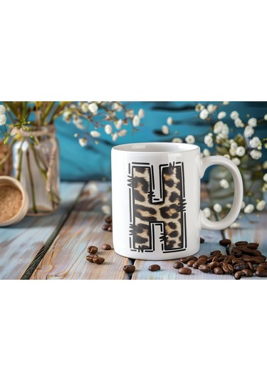 H Baş Harf Leopar Desenli Kupa Bardak - Kişiye Özel Feminen Konsept Hediye - Vahşi Hayvan Desenli Beyaz
