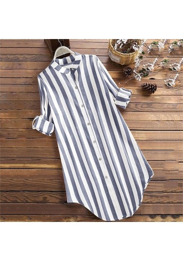 Novahub Kadınlar Zarif Uzun Kollu Düğmeler Aşağı Gömlek Rahat Bahar Sonbahar Bluz Çalışma Blusas Kadın V Boyun Şerit Düzensiz Tunik Tops Mavi - 4xl Mavi