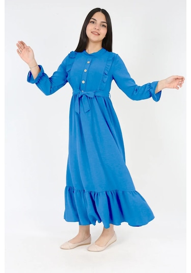 Kiz Cocuk Uzun Elbise Aerobin Keten Kumaş Tesettüre Uygun Uzun Boydan Elbise İndigo Mavi