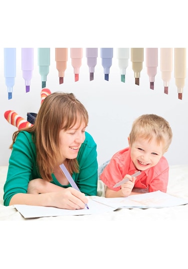 Aubyhe 12 Renk Yumuşak Vurgulayıcı Seti - İki Uçlu Uç İnce + Çatal - Hızlı Kuruyan - Kağıda Sızmayan - Not Alma, Çalışma, Renklendirme İçin Çok Renkli