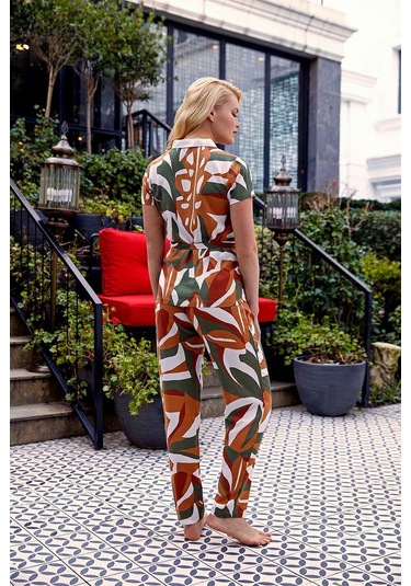 Doreanse Kadın Polo Yaka Kuşaklı Kısa Kol Dokuma Pijama Takımı 4141 Çok Renkli