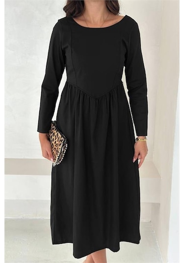 Neşeli Butik Kadın Sırt Dekolteli Uzun Kollu Midi Elbise Nbk4311 Siyah
