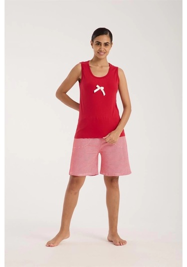 Giyim Kadın Kırmızı Kurdele Detaylı Çizgili Şortlu Pijama Takımı Kırmızı