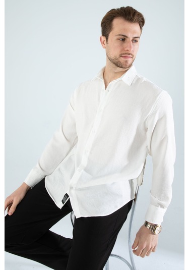 Rahat Kesim Keten Dokulu Gömlek Beyaz