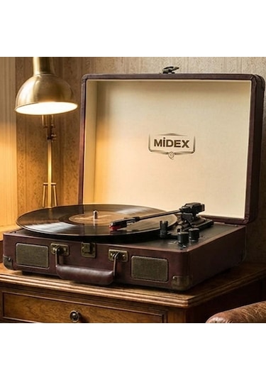 Midex Mtx-101CR Şarjlı Bluetooth Aux Hoparlörlü 3 Devir Nostaljik Retro Pikap Plak Çalar + İğne