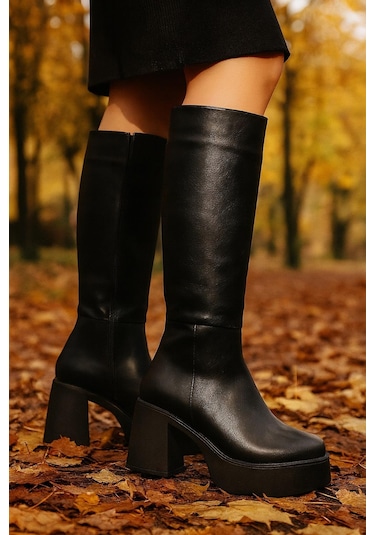 Kadın Fermuarlı Yüksek Topuklu Şık Çizme Siyah