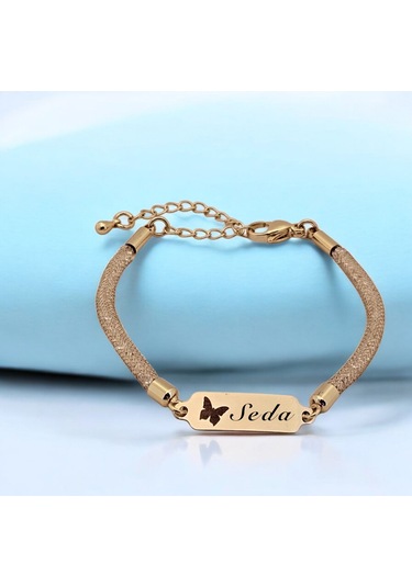 Archin Seda İsmine Özel Hasır Kordonlu Kelebek Motifli 14 Ayar Altın Plakalı Hediye Bileklik-647isim Seda