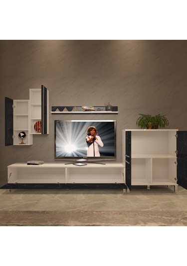 Decoraktiv Eko 6 Mdf Std Krom Ayaklı Tv Ünitesi Tv Sehpası Beyaz - Siyah Mermer