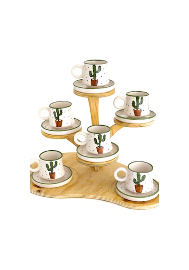 2 Li Takım Kaktüs Desenli El Yapımı Kazan Seramik Kahve Fincanı, Kahve Fincanı Beyaz