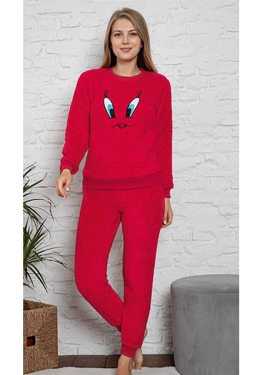 Civciv Desenli Anne Kız Çocuk Kombin Peluş Pijama Takımı Anne Kız Ayrı Satılır. Kırmızı