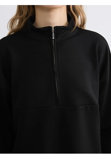 Lc Waikiki Siyah Dik Yaka Soft Touch Oversize Kadın Sweatshirt