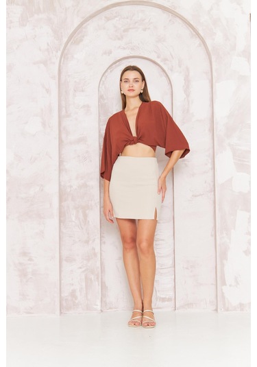 Kadın Bej Yırtmaçlı Mini Etek Dm2016 Bej