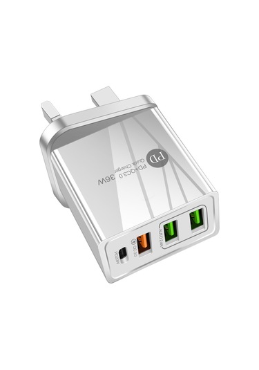 Xiyyadms Beyaz Mini 36w Seyahat Şarj Cihazı, 3 Usb Qc3.0 + Pd Hızlı Şarj, İngiliz Standardı, Taşınabilir Telefon Şarj Aleti