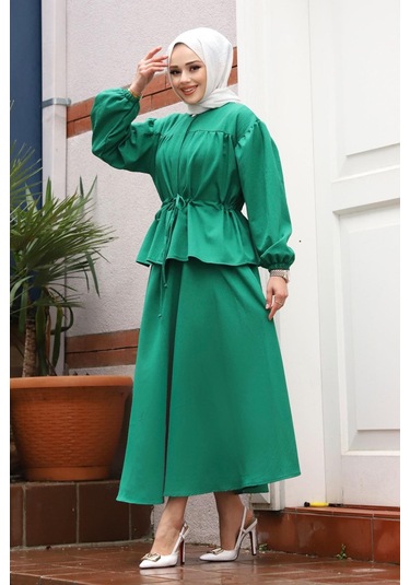 Bronş Detaylı Tesettür Yeşil Takım Yeşil