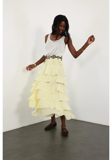 Sarı Beli Lastikli Volanlı Maxi Etek 4097 Sarı
