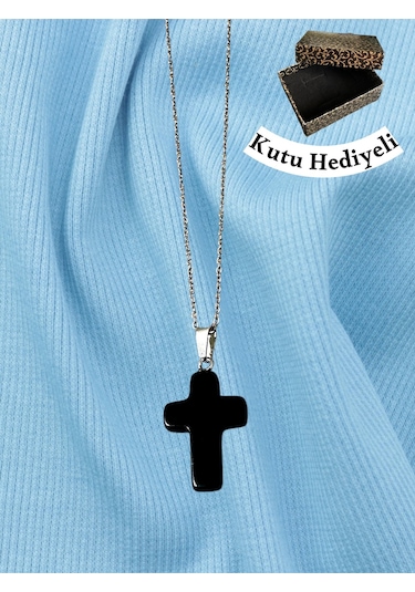 İthal Çelik Oniks Taşlı Haç Kolye - Kararmaz İthal Çelik Zincir - Özel Kutulu Hediyeli Siyah
