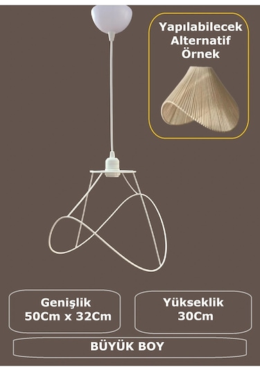 Yaprak Avize Teli , İskeleti Büyük Boy 50x32 Cm Beyaz Statik Boyalı Duy Takımı Dahil Beyaz