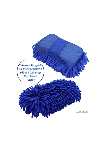 Premium Mikrofiber Araba Yıkama Süngeri Bir Yüzü Makarna, Diğer Yüzü Mop Bezi Mavi 1 Adet