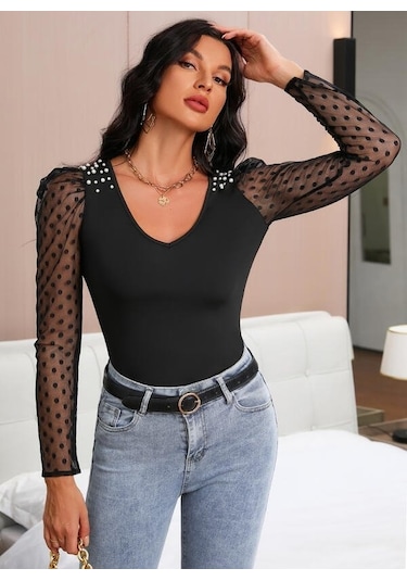 Nnstartshopping Kadın Uzun Kollu Omuz Inci Kollar Tül Detay Viskon Bluz Siyah