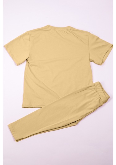 Kız Çocuk Takım Kapri Taytlı Baskılı Oversize A84 Bej