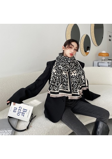 Padalink Kadınlar İçin Kışlık Çift Taraflı Pashmina Atkı - Kalın仿kashmir Desenli Eşofman Atkı Poyraz - V1101 Siyah