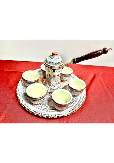 6lı Bakır Fincan Takımı Yuvarlak Tepsi,cezve